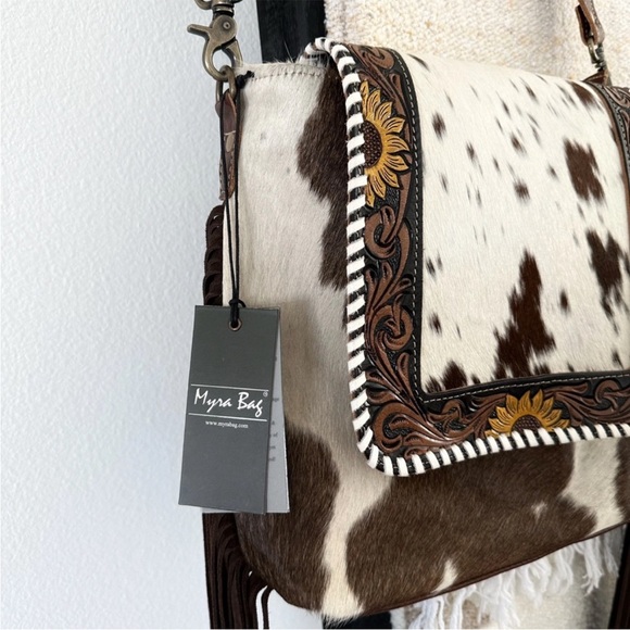 NWT Myra Bag Rustic Brown and White Leather Cowhide Crossbody - Picture 3 of 4